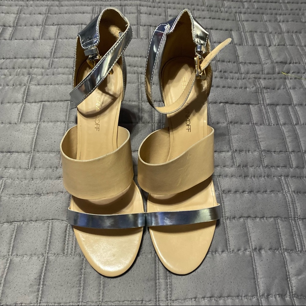 rebecca minkoff sandals. Beautiful tan and solver wedge size 91/2